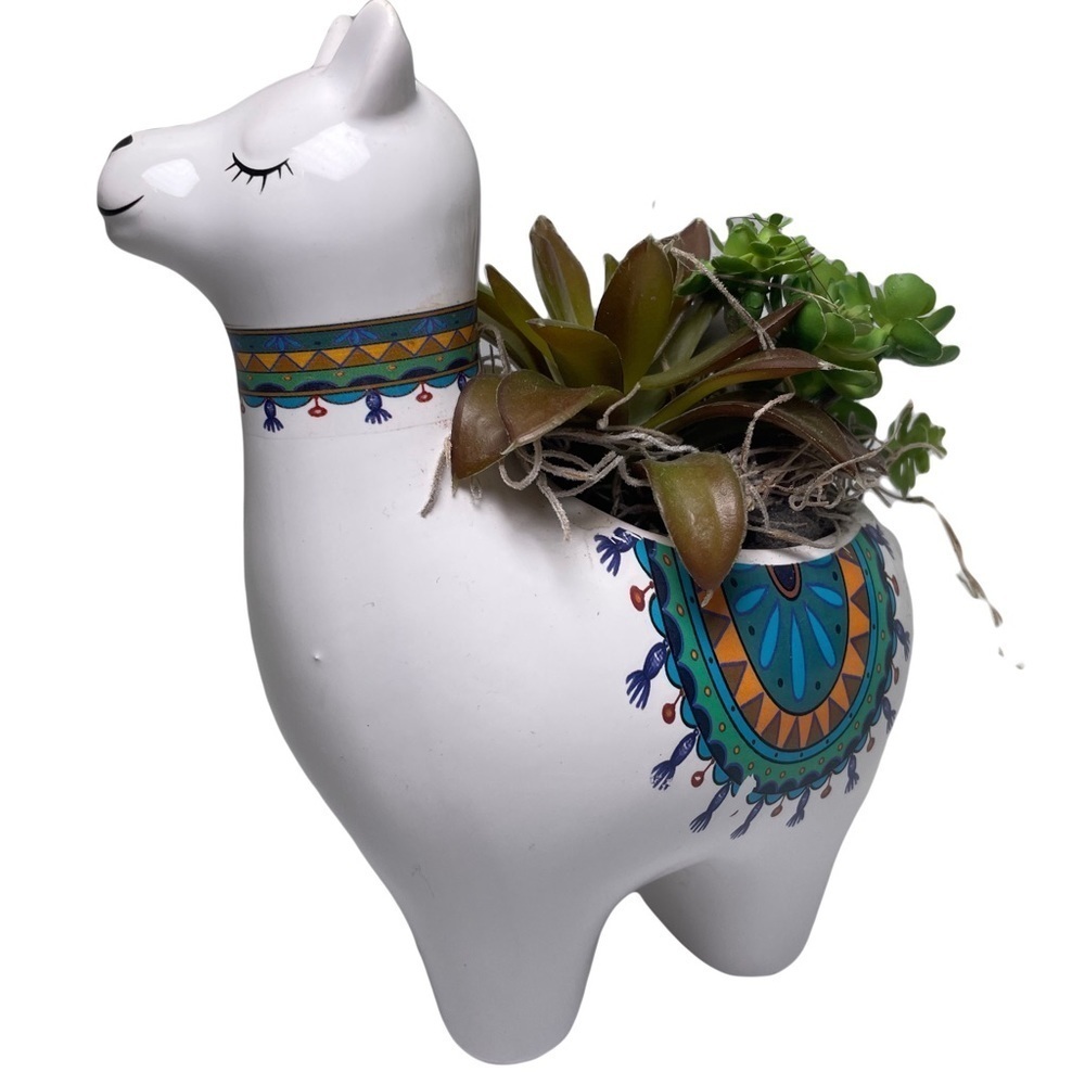 Lama Planter with Faux Plants